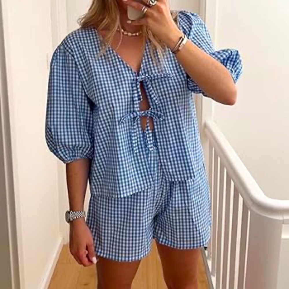 Blue Gingham Tie-Front Short Sleeve Top - Unbranded